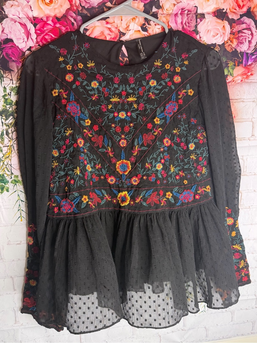 Zara Trafaluc Collection Black Floral Embroidered Swiss Dot Peplum Blouse - Picture 1 of 8